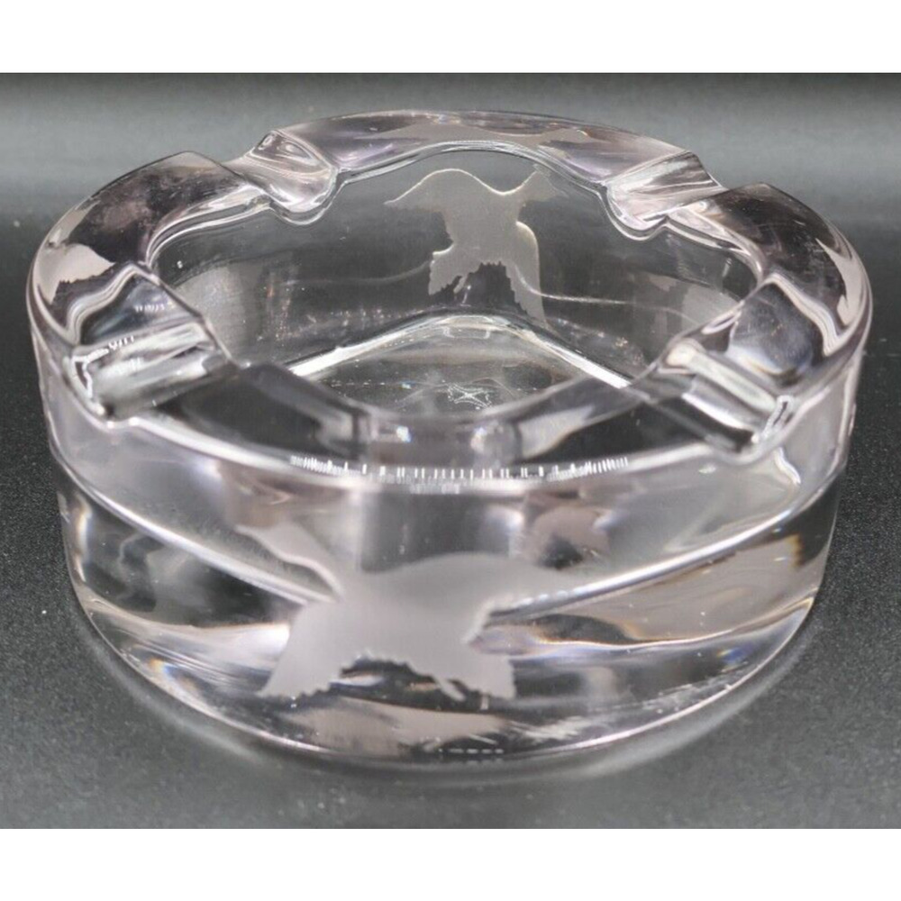 Thick Etched‎ Engraved Round, Clear Glass, Flying Goose Or Duck Ashtray
